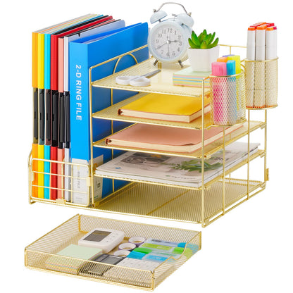 Marbrasse Rose Gold Desk Organizer with File Holder, 5-Tier Paper Letter Tray Organizer with Drawer and 2 Pen Holder, Mesh Desktop Organizer and Storage with Magazine Holder for Office Supplies