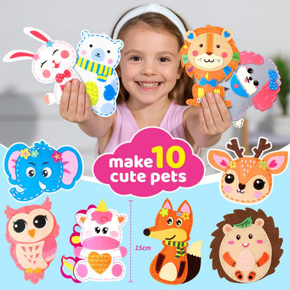 Funtopia Sewing Kit for Kids, 10 Easy DIY Projects of Stuffed Animal with Guiding Book, Beginners Sewing Toys and Birthday Gift for Girls Boys, Felt Arts and Crafts for Kids Ages 5-8 8-12