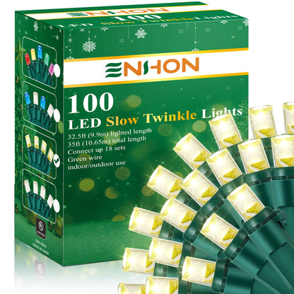 Enhon Slow Twinkling Christmas Light, 100 Lights 35 Ft Twinkle Pulsing Christmas, 5mm LED Wide Angle Soft Random Shimmering Set with Green Wire(Warm White,1 Pack)