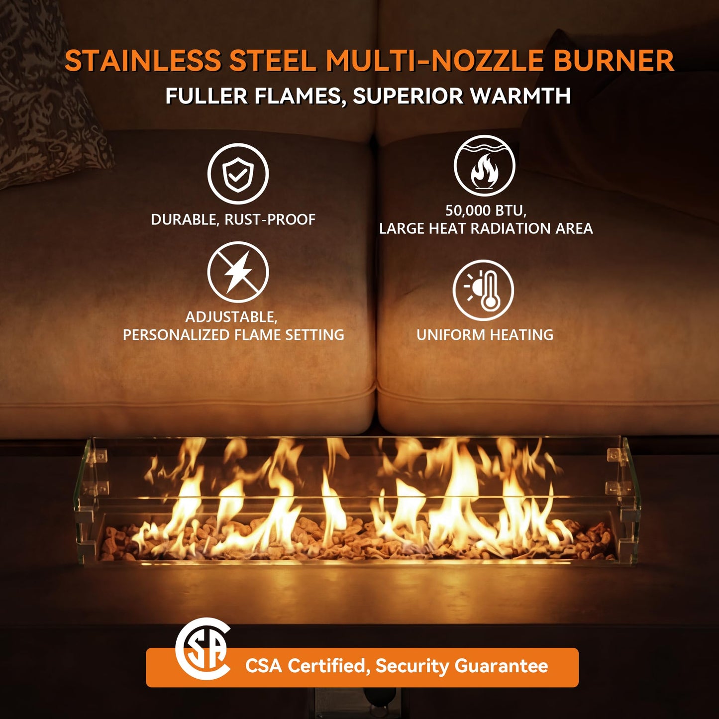 COSIEST 2-Piece Outdoor Propane Fire Table Set, Rectangle Concrete 56" x 28" Bronze Fire Pit (Certified, 50,000 BTU) w 20lb Tank Table, Wind Guard, Waterproof Cover for Garden, Porch, Backyard