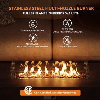 COSIEST 2-Piece Outdoor Propane Fire Table Set, Rectangle Concrete 56" x 28" Bronze Fire Pit (Certified, 50,000 BTU) w 20lb Tank Table, Wind Guard, Waterproof Cover for Garden, Porch, Backyard