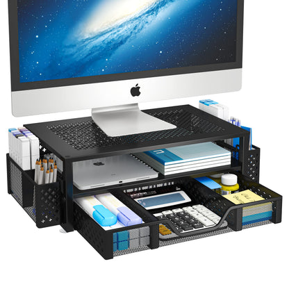 Simple Trending Desk Organizer and Accessories, 2 Tier Computer Metal Monitor Stand Riser with Drawer and Pen Holder for Laptop, Computer, iMac, Black