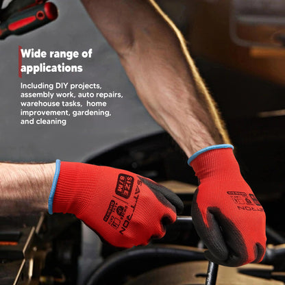 SATTRON Safety Work Gloves PU Coated, 12 Pairs Seamless Knit Gloves with Polyurethane Coating Working Gloves Excellent Grip for Men & Women, Breathable, Ideal for General Duty Work DIY (Red, Small)