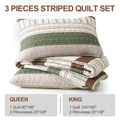 DJY Striped Quilt Set Queen Size, Boho Brown Green Striped Bedspread Coverlet Set Soft Microfiber Patchwork Quilt Bedding Set 3 Pieces for All Season(96"x90")