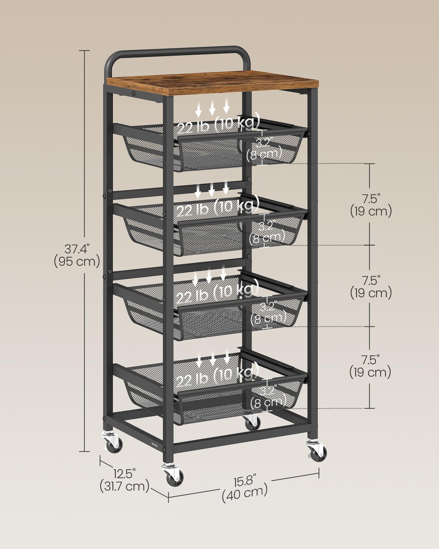 VASAGLE Storage Rolling Cart with Pull-Out Baskets, 5-Tier Utility Cart Orgnizer with Wheels for Laundry Room, Kitchen, Handle, 12.5 x 15.8 x 37.4 Inches, Rustic Brown and Ink Black ULRC041K01