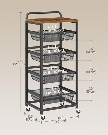 VASAGLE Storage Rolling Cart with Pull-Out Baskets, 5-Tier Utility Cart Orgnizer with Wheels for Laundry Room, Kitchen, Handle, 12.5 x 15.8 x 37.4 Inches, Rustic Brown and Ink Black ULRC041K01