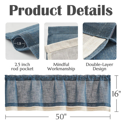 jinchan Linen Valance for Farmhouse Living Room Windows 16 Inch Slubbed Crossed Double Layer Window Valance Light Filtering Rustic Country Overlay Rod Pocket 1 Panel Navy Blue