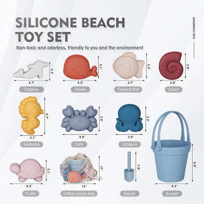 MarcZero 11Pcs Silicone Beach Toys,Modern Baby Beach Toys,Travel Friendly Beach Set,Silicone Bucket, Shovel, 8 Sand Molds, Beach Bag,Silicone Sand Toys for Toddlers, Kids (Blue)