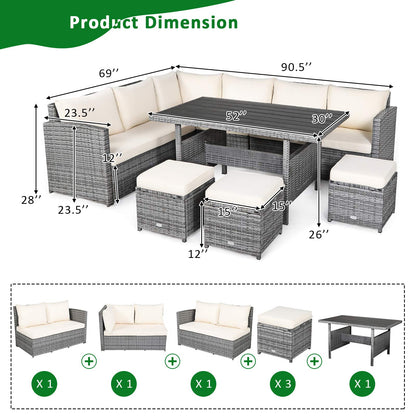 Tangkula 7 Pieces Patio Furniture Set, Outdoor Sectional Rattan Dining Sofa Set with Cushions, All Weather Wicker Conversation Couch Set with Dining Table & Ottomans for Yard Garden Poolside, White