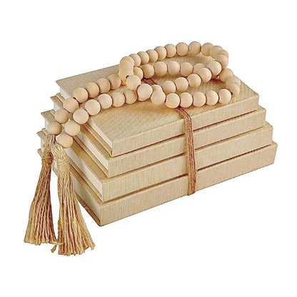 Linen Covered Decorative Books 4 Pieces, Neutral Home Decor Coffee Table Books with Wooden Beaded Tassel, Stacked Books for Rustic Farmhouse Modern, Boho, Bookshelf, Fireplace Mantel Décor, Beige