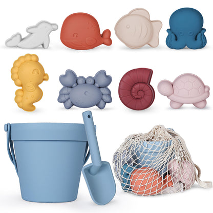 MarcZero 11Pcs Silicone Beach Toys,Modern Baby Beach Toys,Travel Friendly Beach Set,Silicone Bucket, Shovel, 8 Sand Molds, Beach Bag,Silicone Sand Toys for Toddlers, Kids (Blue)