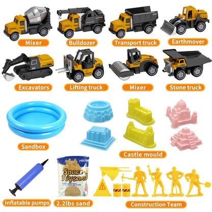 Play Construction Sand Kit,2.2lbs Magic Sand,8 Alloy Construction Vehicles,1 Inflatable Sandbox,8 Worker Figures and Road Signs,6 Castle Molds,1 Storage Box, Sensory Toys for Kids Ages 3+