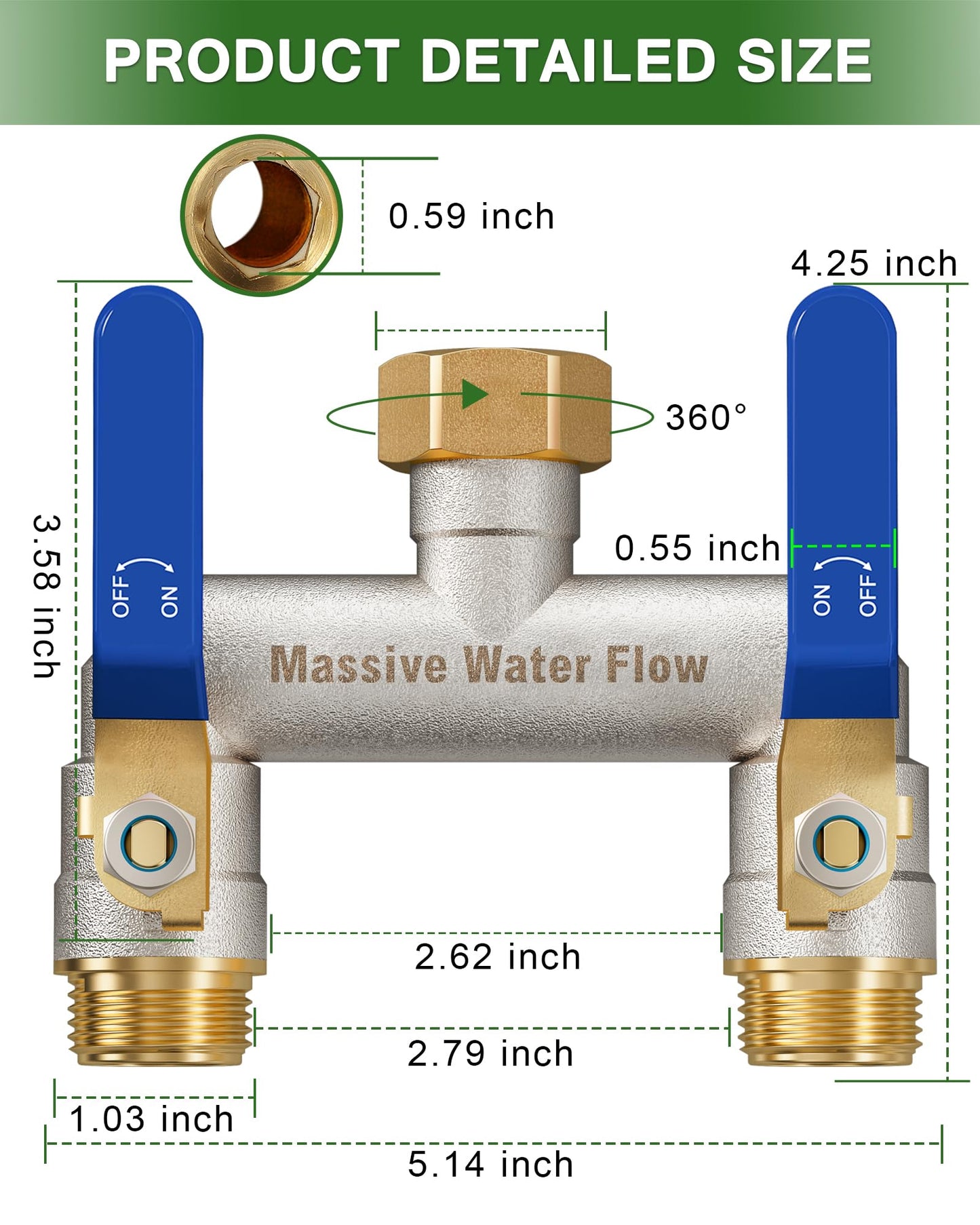 Hose Splitter 2 Way Heavy Duty, Garden Hose Splitter with 304 Stainless Steel Long Handle, Full Flow Brass Nickel Plated Water Hose T Spigot Splitter Adapter Connector, 3/4 - Inch GHT Thread (Blue)