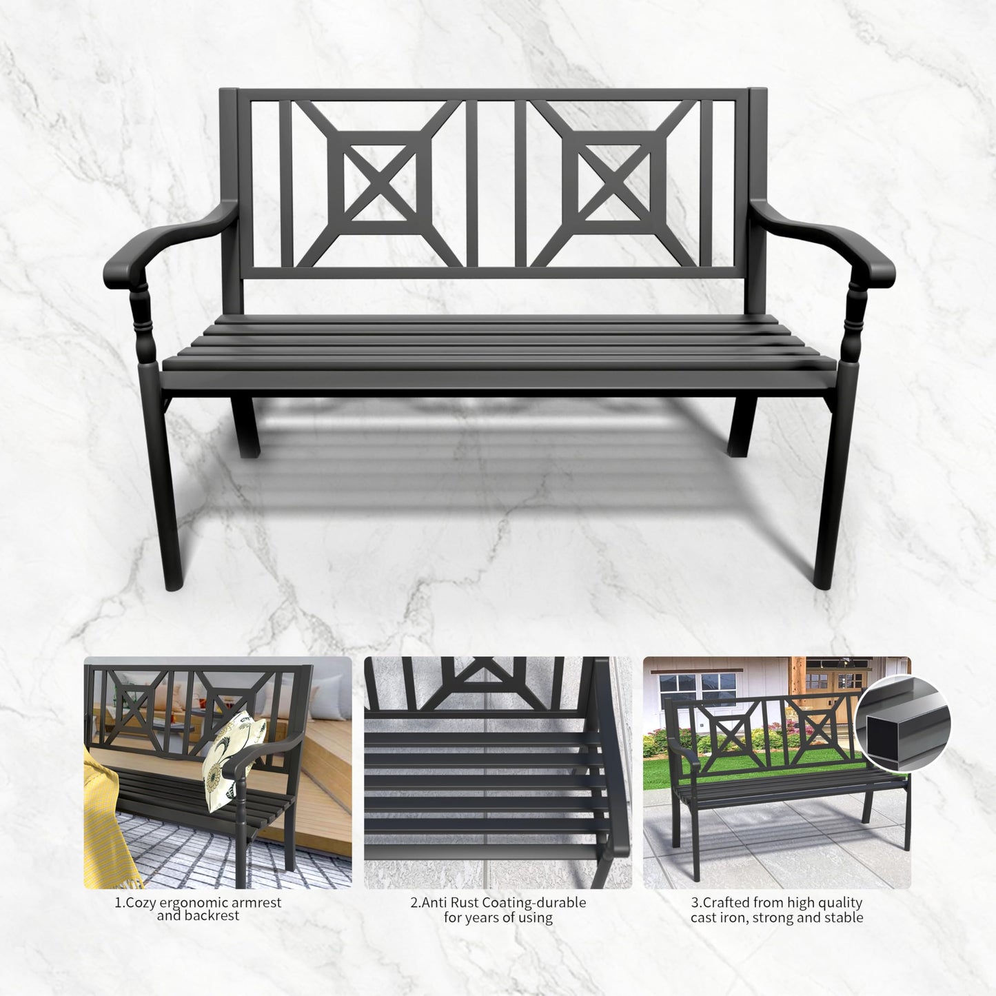 YLGJ&TIDY 50 Inches Garden Benches for Outdoor Patio Bench with Pattern Backrest Armrest Weatherproof Park Benches Metal Bench for Garden Park Porch Lawn Yard (BENCH05)