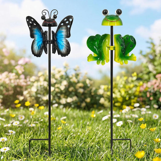 Vinsees 2pcs 18 Inch Metal Butterfly & Frog 3D Wind Sculpture for Outside, Decorative Garden Stakes & Wind Spinner for Outdoor，Colorful Yard Art Garden Decorations for Lawn Porch Pathway Patio