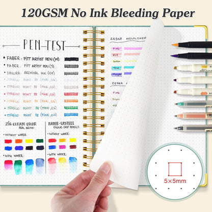 Bullet Dotted Journal Spiral Notebook, 300 Pages Leather Notebooks with Contens, 120 GSM Thick No Bleed Through Paper Journals, A5 Dot Grid Notebook for Women Men School Work Writing, 5.5" x 8", Black
