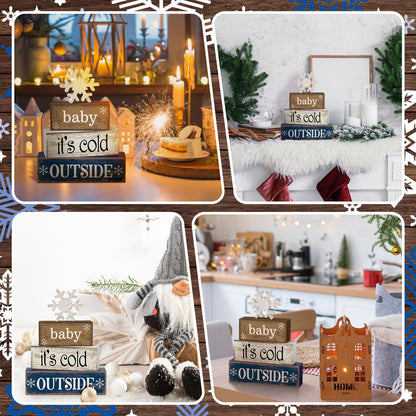 Moucuny 4 Pcs Winter Wooden Tabletop Decor Snowflake Tiered Tray Decor Winter Centerpiece Rustic Snow Block Signs Farmhouse Table Shelf Decoration for Home Office Party