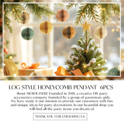 NICROLANDEE Christmas Hanging Decorations, 6 PCS Nature Round Glitter Edge Paper Honeycomb Ornaments, Green Brown Mini Paper Lanterns Ornament for Christmas Tree Décor, New Years Party Home Decor