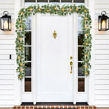 MDSTBN Eucalyptus Garland with Lights, 6FT Spring Garland Eucalyptus Leaves with Flower Berries Artificial Greenery Vine for Mantle Porch Wall Wedding Arch Backdrop Table Decoration