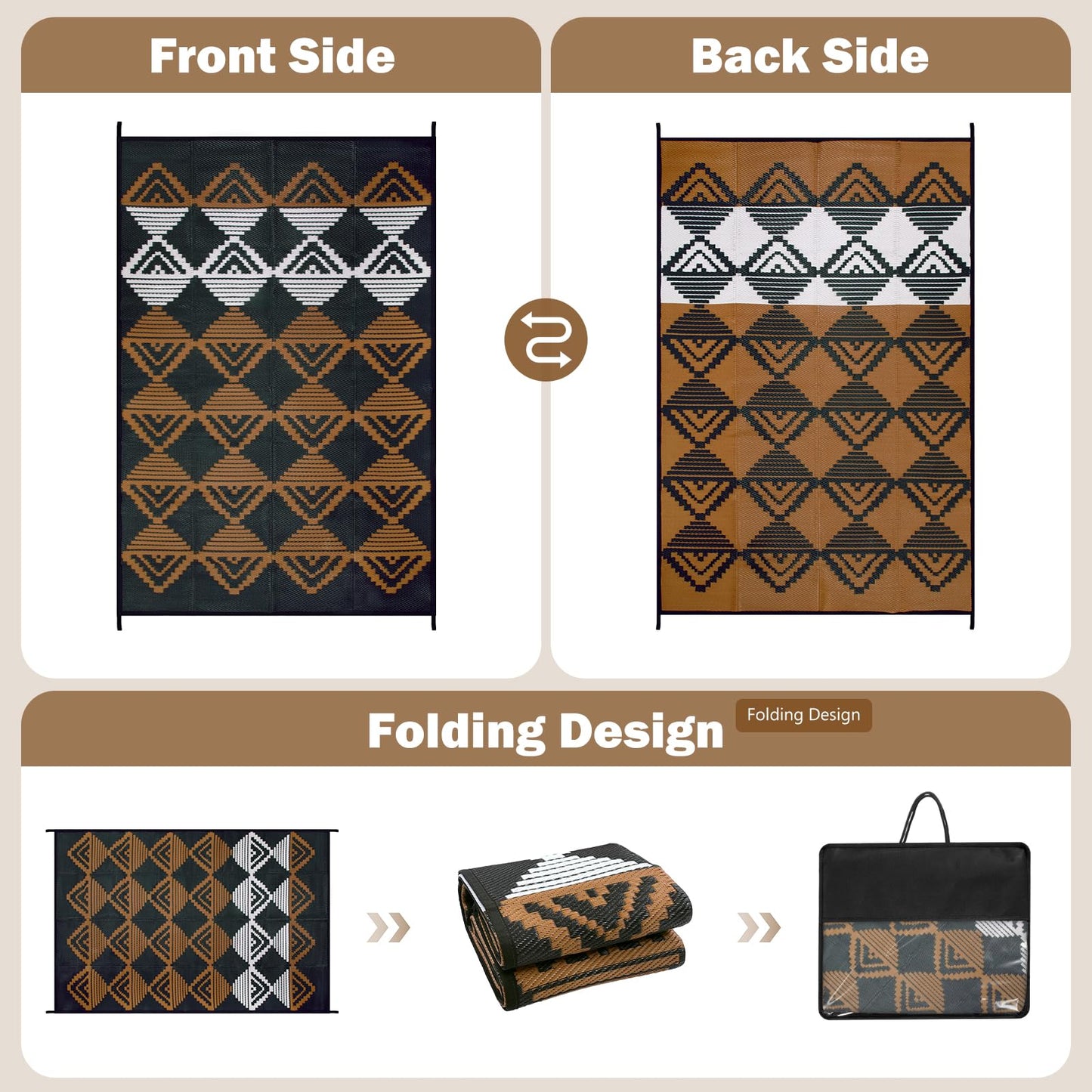 Lahome Outdoor Rugs 8x10 Waterproof, Reversible Plastic Large Outdoor Rug for Patios, Outside RV Mat Carpet for Patio Deck Porch Backyard Balcony Picnic Trailer (Black/Brown, 8' x 10')