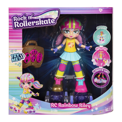 Rock N Rollerskate Doll Rainbow Riley Light Up Remote Control Rollerskating Doll - Plays Music and Skates!, 10" H