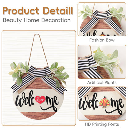WSTPUPU Interchangeable Seasonal Welcome Sign Front Door Decoration Rustic Round Wood Wreaths for Spring Summer Fall Winter Holidays and Valentine's Day