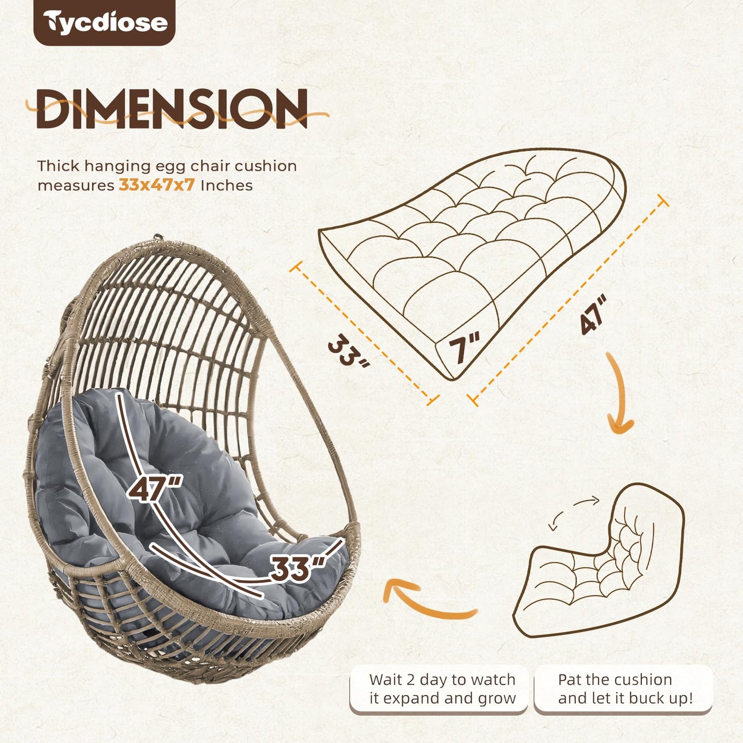 Tycdiose Egg Chair Cushion Replacement, Waterproof Outdoor Hanging Egg Swing Chair Cushions Pads, U-Shaped Thickened Cushions for Hanging Eggs Chair with Ties, 47x33x7 Inches (Grey)