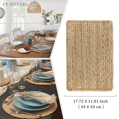 CY SISTERS Woven Placemats Set of 6 Rattan Placemats Rectangle Natural Placemats Wicker Heavy Braided Straw Placemat Farmhouse Square Plates Place mats for Indoor/Outdoor Patio Table 17.7'' X 11.8''