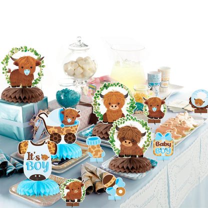 12Pcs Greenery Highland Cow Honeycomb Centerpieces Blue Highland Cattle Party Table Decoration It's a Boy Gender Reveal Cutout Welcome Baby Party Table Topper Photo Prop Decor
