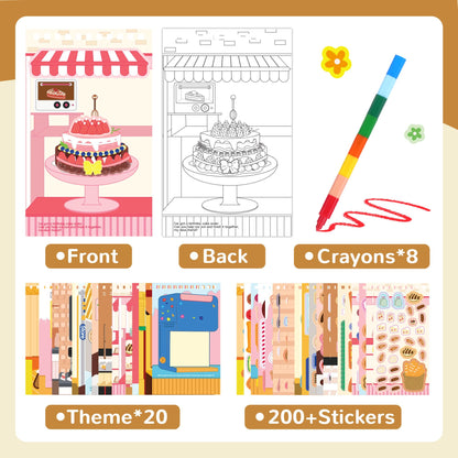 Sticker Activity Books for Kids, Sticker Books Include 20 Scenes & Coloring Page with 8-Color Crayons, Toddler Airplane Travel Essentials & Road Trip Toys - Craft Gift for Boys Girls 3-8