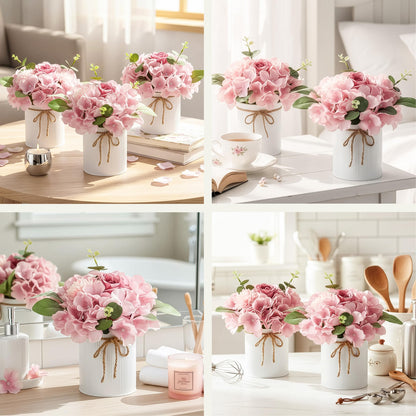 Auihiay 10PCS Flower Table Centerpieces, Hydrangea Artificial Flowers with Vase, Faux Silk Hydrangea Flowers Arrangement for Spring Wedding Table Centerpiece Floral Vase Home Office Decor (Pink)