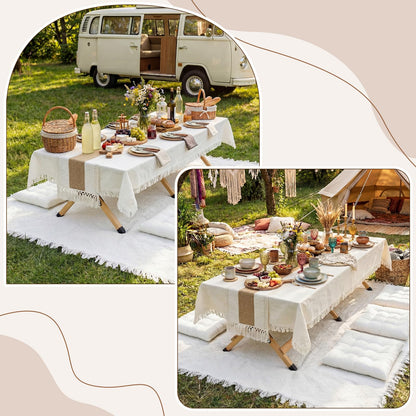 Novabright 10 Pcs Picnic Kit Folding Picnic Table 59'' x 20.5'' Large Outdoor Boho Blanket 91'' x 71'' Beige Table Runner 6 Floor Pillows Cushions Woven Cotton Oversize Washable for Camp Wedding