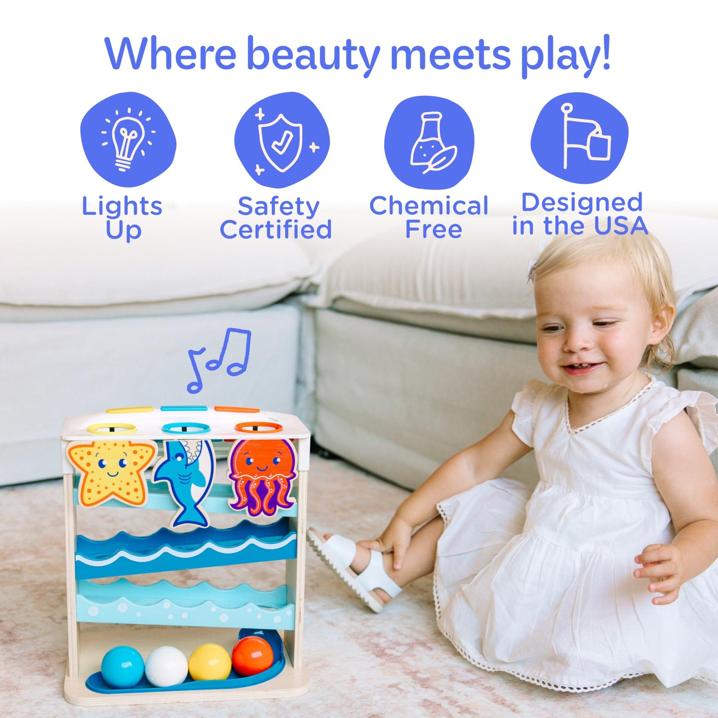 Move2Play, Wooden Ocean Friends | 30+ Fin-Tastic Songs & Phrases | Baby & Toddler Musical Toy | First Birthday Present for 1+ Year Old | Ages 6-24 Months | Boy & Girl Ball Drop Toy