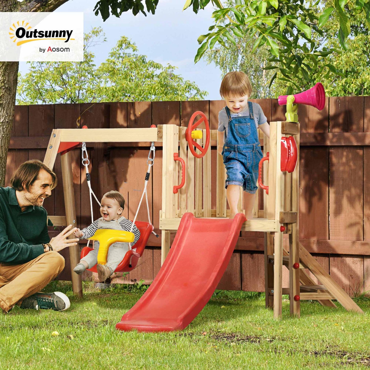 Outsunny Swing Set for Backyard, Wooden Toddler Outdoor Playset with Baby Swing Seat, Kids Slide, Fort, Playground Equipment with Captain's Wheel, Telescope for Ages 1.5-4, Red