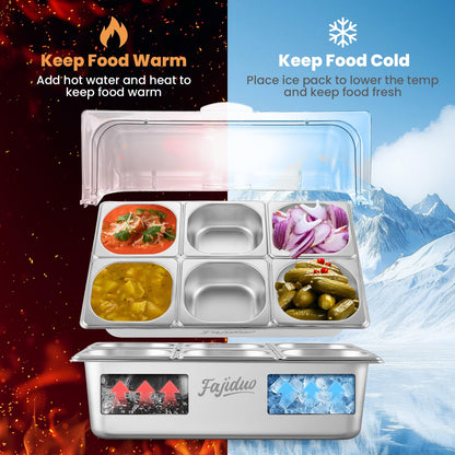 Countertop Ice Food Serving Display Container, Spice Display Salad Dressing Cooler, Stainless Steel Food Serving Tray Buffet Condiment Dispenser with Clear Roll Top Cover, Clamps, Spoons, Ice Box