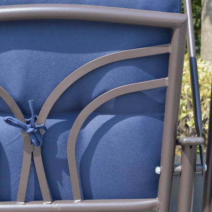 Outsunny 2-Person Patio Swing Bench with Adjustable Shade Canopy, Soft Cushions, Throw Pillows and Tray, Dark Blue