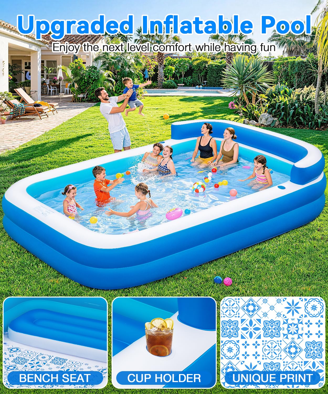 Large Inflatable Swimming Pool - 120" x 85" x 26" Blow Up Pool for Adults and Kids with Seat & Air Pump, for Backyard Lawn Indoor Outdoor Use
