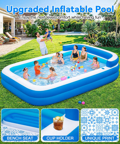 Large Inflatable Swimming Pool - 120" x 85" x 26" Blow Up Pool for Adults and Kids with Seat & Air Pump, for Backyard Lawn Indoor Outdoor Use