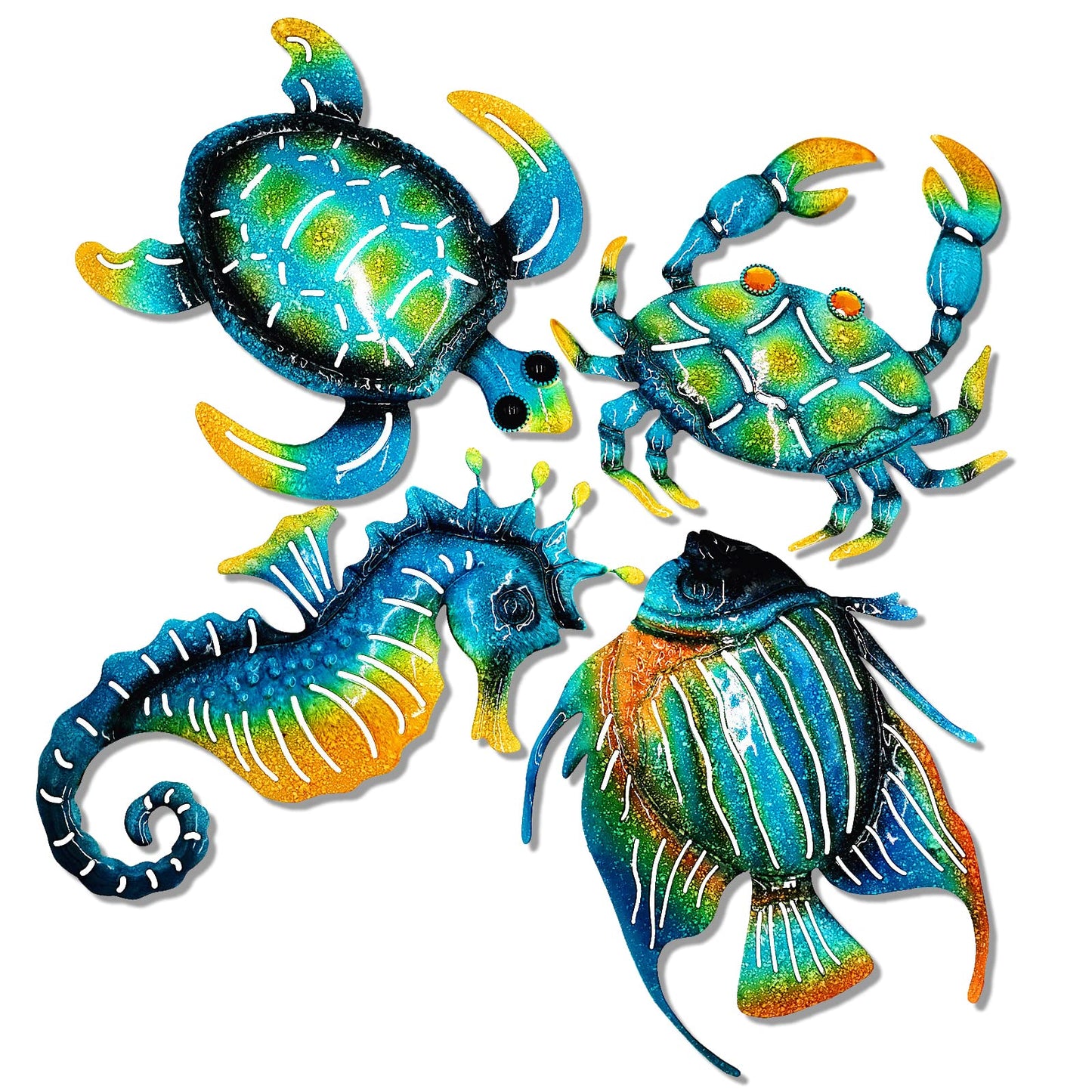 Meduofon Set of 4 Metal Outdoor Wall Art Decor, Blue Turtle Fish Crab and Seahorse Suitable for Beach Ocean Pool Decor, Metal Yard Fence Garden Children Room Bathroom Livingroom Wall Decoration