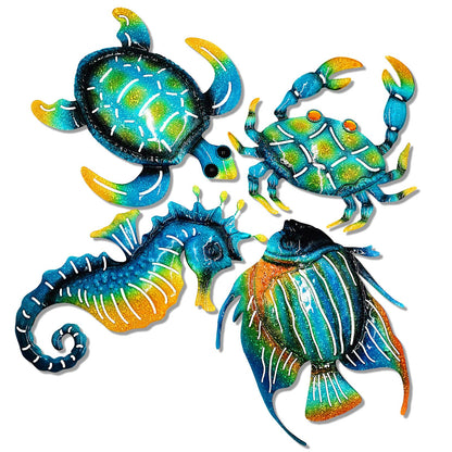 Meduofon Set of 4 Metal Outdoor Wall Art Decor, Blue Turtle Fish Crab and Seahorse Suitable for Beach Ocean Pool Decor, Metal Yard Fence Garden Children Room Bathroom Livingroom Wall Decoration