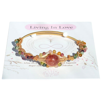 Handmade Genuine Strawberry Rose Quartz& Rainbow Tourmaline Beads 14k Gold Filled Wire Wrapped Bracelet, Birthstone Chakra Healing Gemstone Crystal Adjustable Bangle Cuff Jewelry Gift for Women