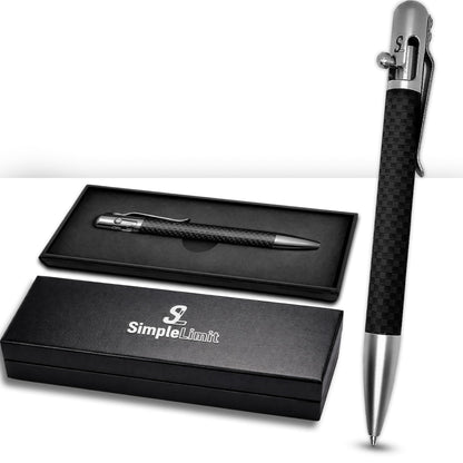 SL Simple Limit Bolt Action Carbon Fiber Ballpoint Pen with Gift Box – Luxury Stainless Steel Executive Writing Pen, Smooth Fine Point Black Ink, Professional EDC Pen for Men & Women