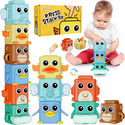 BASUN Stacking Toys Set for Toddlers 18+ Months, 6 in 1 Infant Sensory Toys with Changing Expressions, Pressable Animal Stacking Blocks, Christmas Birthday Gifts for 1 2 3 4 Years Old Baby Boys Girls