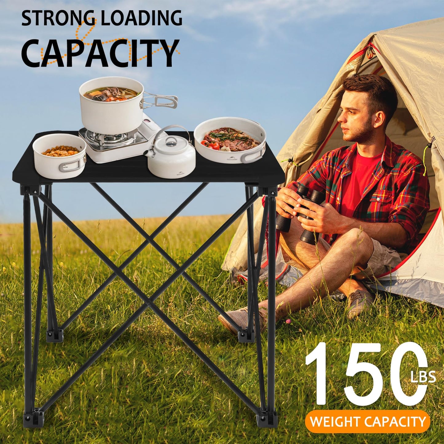Tesouro Folding Camping Square Table with Carry Bag, Lightweight Aluminum Square Table for Outdoor, Camping, Picnic, Backyards, BBQ (Black-Small)