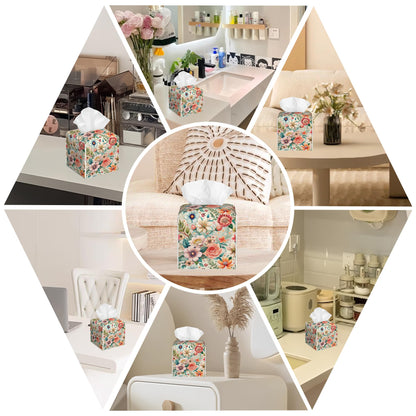 Leather Tissue Box Holder Colorful Floral Tissue Box Cover Facial Paper Case Organizer Cube Napkin Dispenser for Bathroom Vanity Countertop Night Stand Office Car