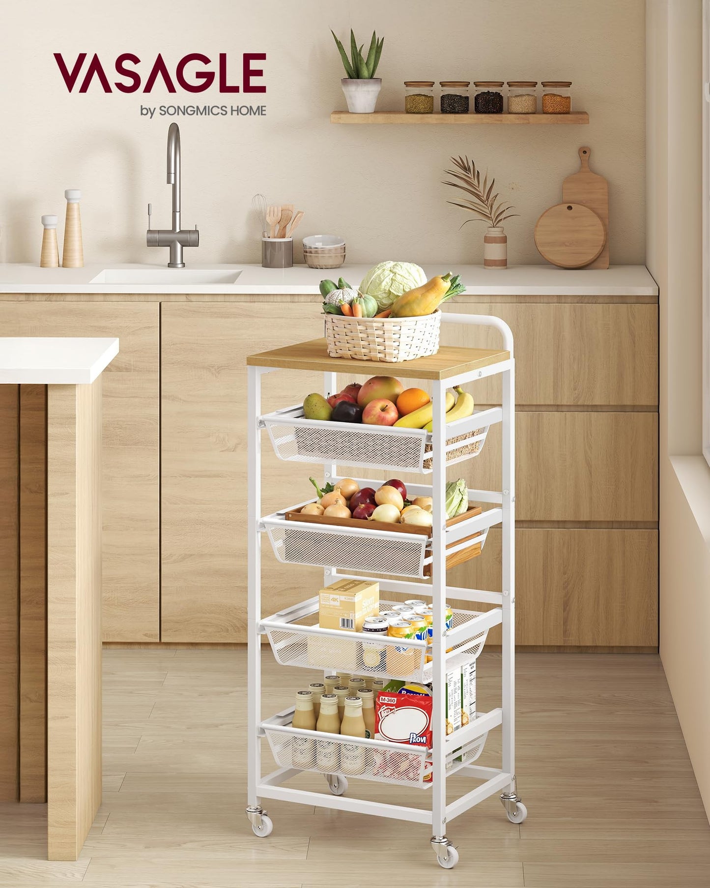 VASAGLE Storage Rolling Cart with Pull-Out Baskets, 5-Tier Utility Cart Orgnizer with Wheels for Laundry Room, Kitchen, Handle, 12.5 x 15.8 x 37.4 Inches, Golden Oak and Matte White ULRC041YA01