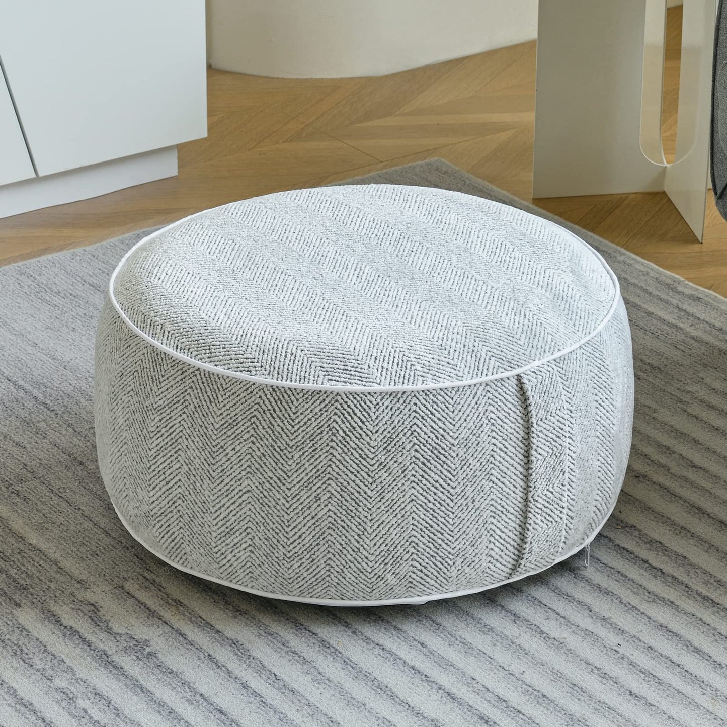 weruisi Inflatable Pouf Ottoman, 21x10 Inches Stuffed Chenille Ottoman with Inflatable PVC Liner, Foot Rest with Portable Handle, Round Floor Pillow for Living Room, Bedroom, Kids Room