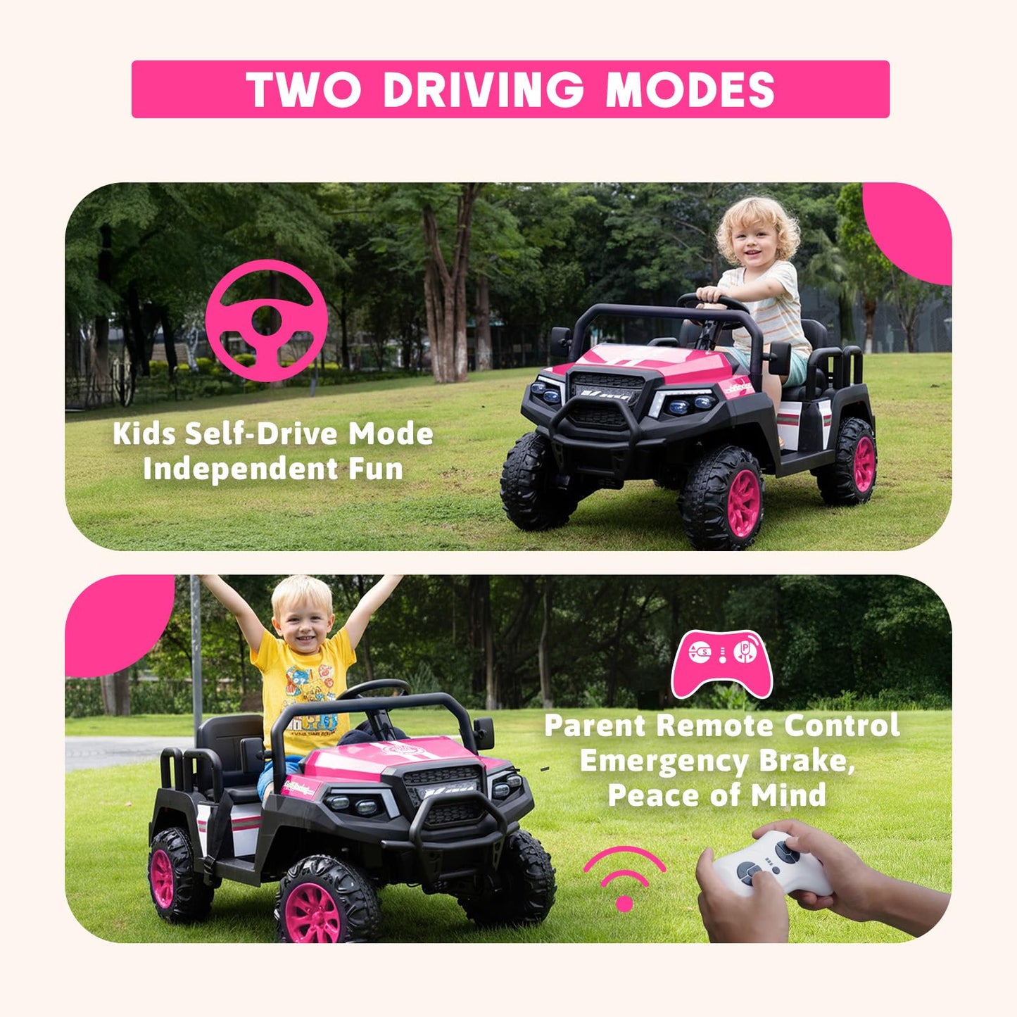 Electric Car for Kids, 24V 4 Seater Ride on Toys w/Parent Remote, 4 Wheeler Suspension, Max 220lbs Weight Capacity, USB, Music, Radio, LED Light, Ride on Truck for Boy/Girl Ages 3-8, Pink