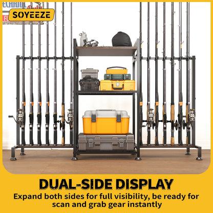 SOYEEZE Fishing Rod Holder for 28 Rods, Ground Stand Fishing Pole Holders for Garage, 3-Sided Vertical Fish Rod Rack for Tackle Box, Fishing Supplies,a Display Fish Gear Storage Gift