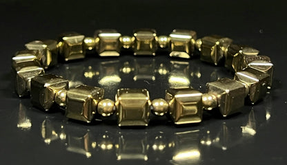 AWAKEN YOUR KUNDALINI Handmade Pyrite Stretch Bracelet – 8mm Cube and Round Beads – Leo Birthstone – Solar Plexus Chakra – Approx. 7 Inch Wrist Size